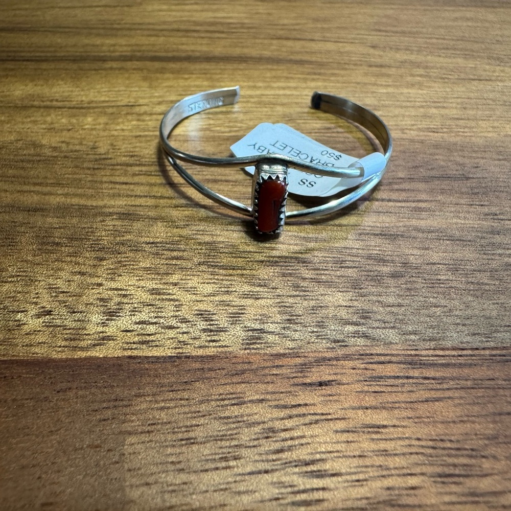 Silver Cuff Baby’s Bracelet with Coral Stone